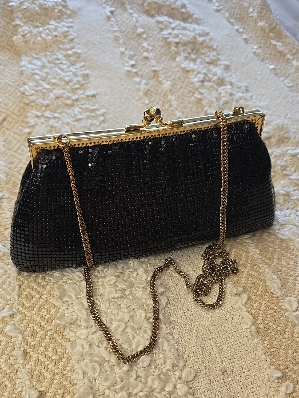 Vintage Whiting & Davis Black Mesh Metal Clutch with Gold Chain Strap